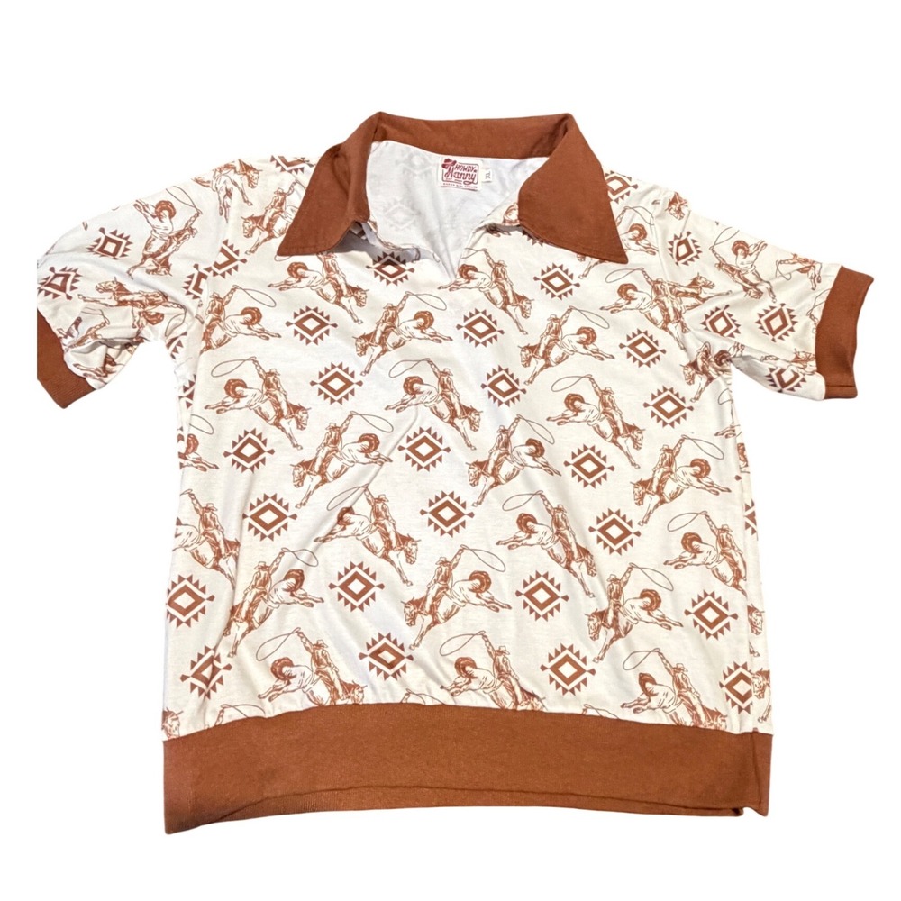Howdy Hanny Western Rodeo Cowboy Print Polo Top Brown White XL Ranch Girl Dreams - Picture 6 of 12